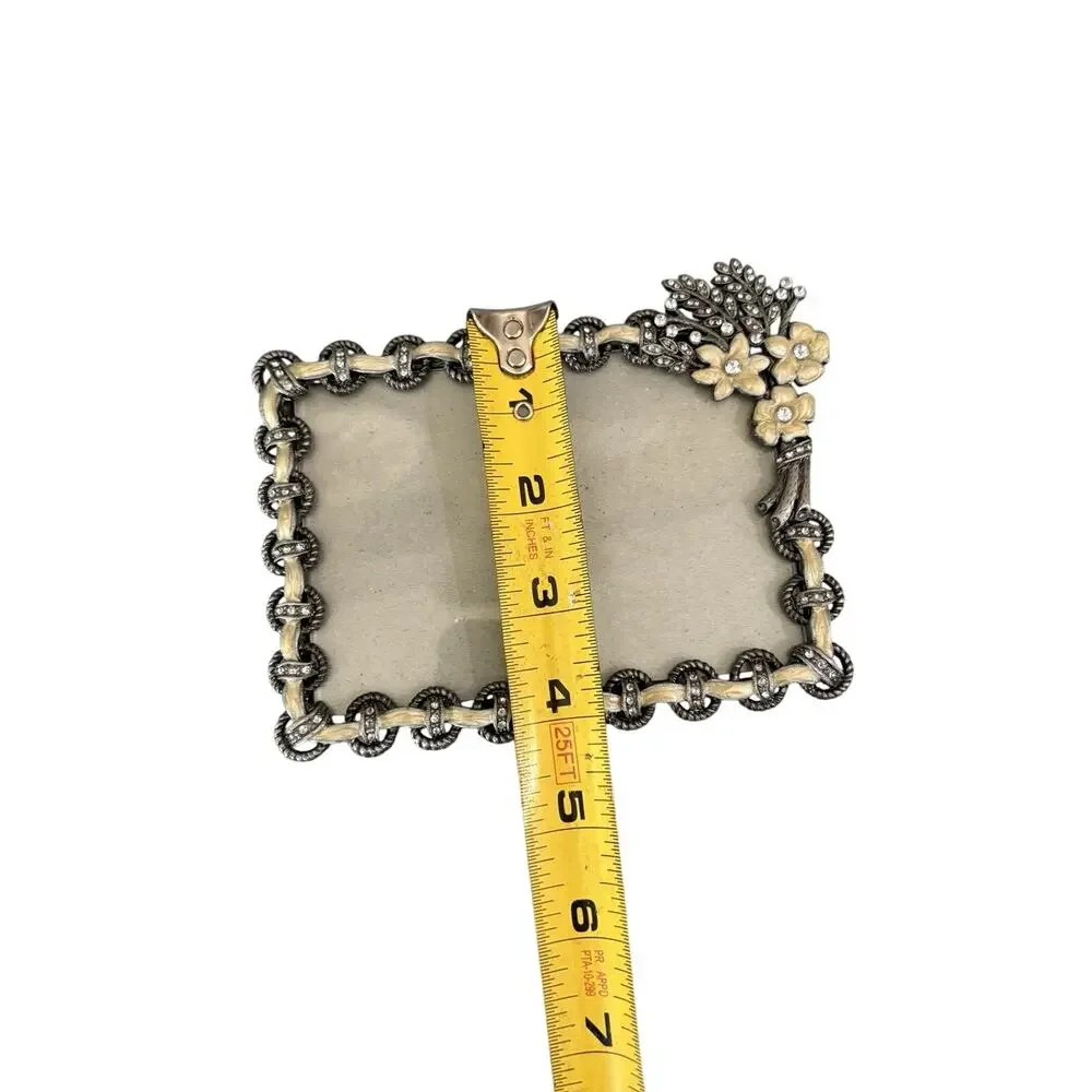 Vintage Rhinestone Floral Photo Frame Silver Tone Ivory Enamel 4x6 Cottage Chic